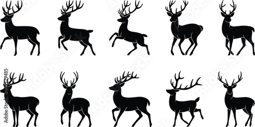 Deer silhouette collection, antlered wildlife poses, standing, walking, leaping deer vector, black animal illustrations, forest creature movement for stock content