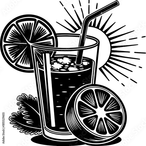 A refreshing orange juice drink with a straw and orange slices