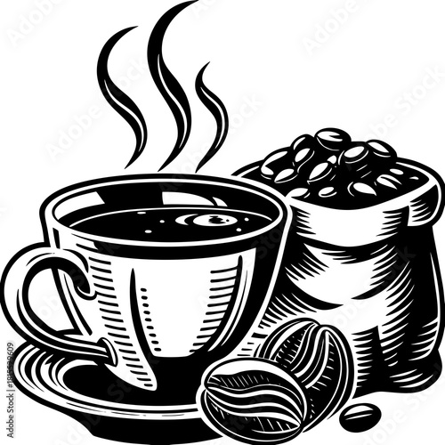A steaming cup of coffee and coffee beans in black and white