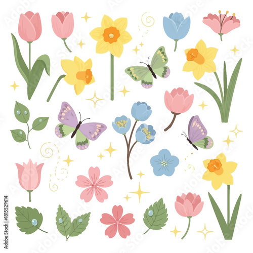 Wildflower illustration set with mixed spring flowers, butterflies, and foliage elements in soft pastel colors