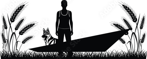 Silhouette of man and dog on rural field with wheat stalks, nature scene, companionship, countryside lifestyle, peaceful outdoor moment