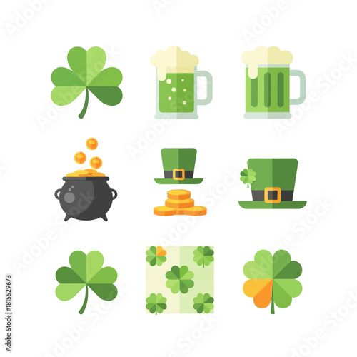 St. Patrick’s Day beer mug, clover, pot of gold, and leprechaun hat icons for festive pub and holiday themed graphics.