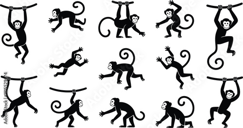 Monkey silhouette collection, playful primate poses, hanging and running monkeys, cartoon-style vector, black monkey illustrations, jungle animal movement for stock content