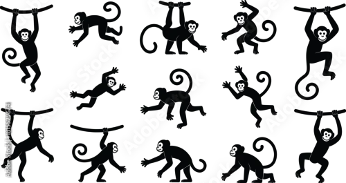 Fototapeta Monkey silhouette collection, playful primate poses, hanging and running monkeys, cartoon-style vector, black monkey illustrations, jungle animal movement for stock content