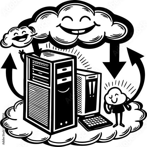 Cartoon Cloud Server Processing Data with Flow Arrows