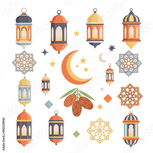 Lanterns, crescent moons, stars, dates, and floral ornaments arranged