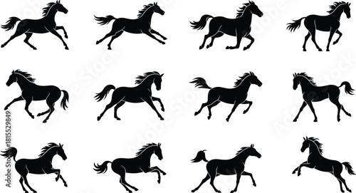 Horse running silhouette sequence, galloping motion vector, black horse poses, equine gait cycle illustration, dynamic animal movement, stock art for animation