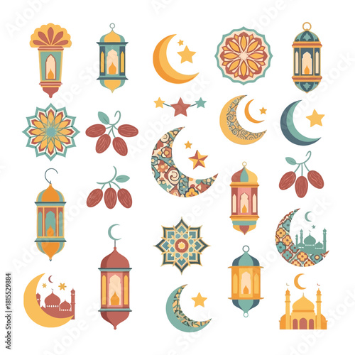Colorful Ramadan icons featuring lanterns, crescent moons, stars, dates, and floral ornaments