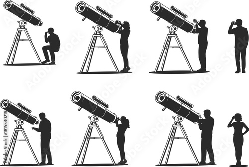 Silhouette people using telescopes for astronomy, stargazing, sky observation, science exploration, night sky watching, educational and scientific discovery scene.