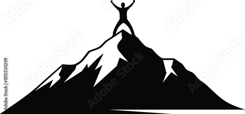 Silhouette of triumphant man on mountain peak with raised arms symbolizing success, achievement, perseverance, victory, and personal conquest