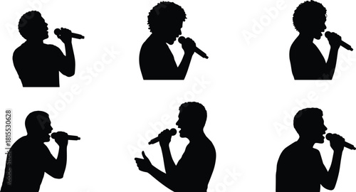 Silhouette singers performing with microphones in dynamic poses, ideal for music, concert, entertainment, vocal art, and stage themes.