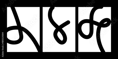 Black abstract banner set featuring curvy line scribble squiggle patterns and dynamic wave line art elements for creative decorative modern graphic background applications