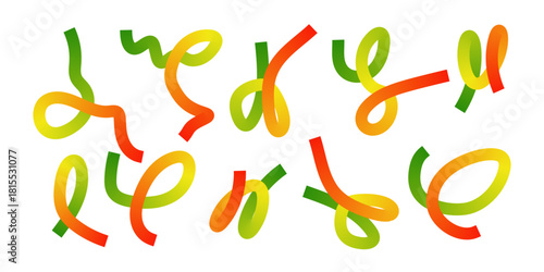 Wave 3D graphic shapes with gradient forming organic rainbow wavy ribbons and playful kid doodle line elements for fun colorful creative modern design compositions