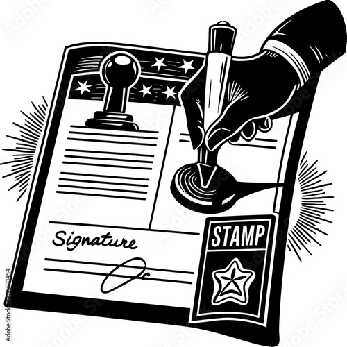 A hand stamping an official document with approval