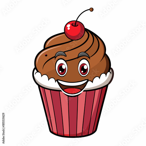 Happy Cartoon Cupcake With Chocolate Frosting and a Cherry