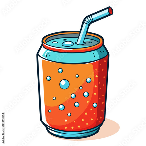 Cartoon soda can with straw and bubbles for refreshment