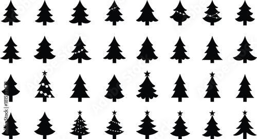 Collection of Black Silhouette Christmas Tree Icons Vector Set, Festive Pine and Fir Tree Shapes, Decorated and Undecorated Conifers for Winter Holiday Greeting Card and Design Elements.