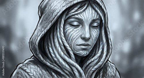 Dreamy Monochrome Close-Up of a Yarn-Textured Bioluminescent Character Illustration