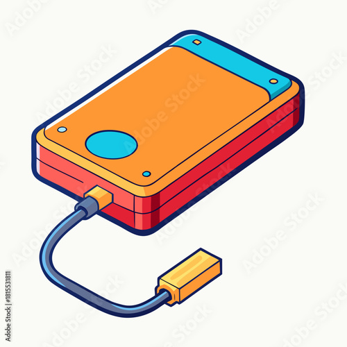 Cartoon External Hard Drive With USB Cable in Isometric View