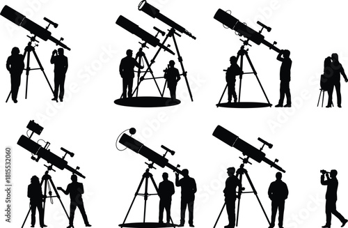 Silhouettes of people using telescopes for stargazing, astronomy, sky observation, science exploration, and outdoor night sky activities.