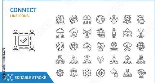Connect line icons set featuring global networking, cloud computing symbols, teamwork puzzles, organizational charts, wifi signals, and digital business communication elements with editable strokes.