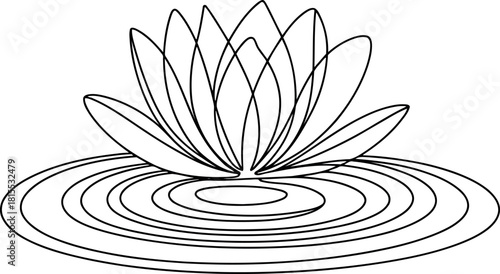 Black and white line art of a lotus flower on rippling water ripple pond