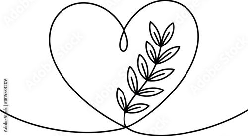 Black line art heart with leaf branch on white background love plant 1