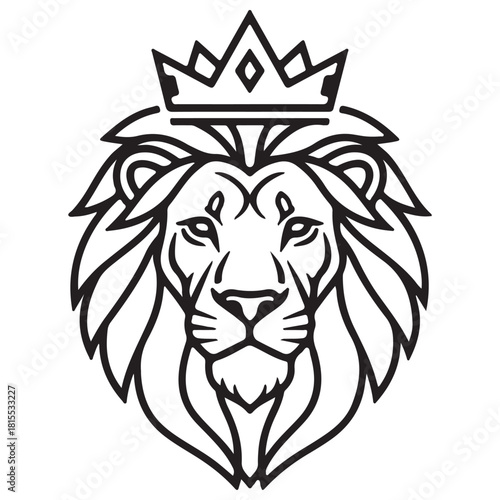 Minimalist Black Outline Lion Head with Royal Crown Vector Art