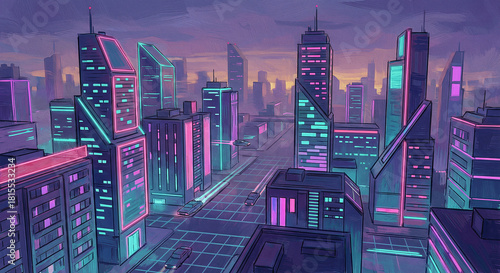 Retro-Futuristic Neon Cityscape at Dusk