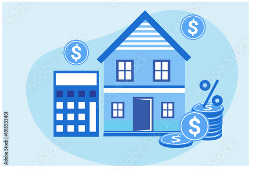 Home loan, mortgage loan interest rate with growth graph. Increasing of interest rates, real estate and property investment vector illustration 