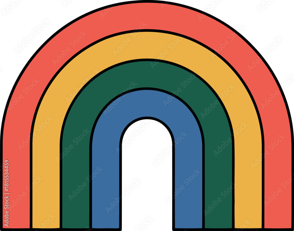 Fototapeta premium Retro rainbow graphic with coral yellow green and blue arches illustration