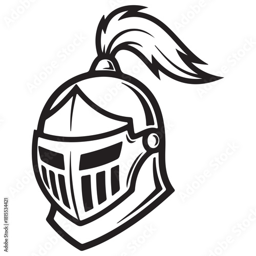 Stylized Knight Helmet Armor with Feather Plume in Black and White