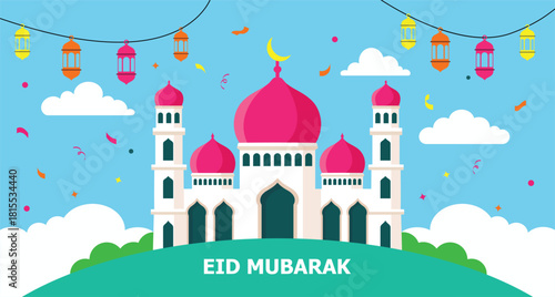 Colorful Eid Mubarak celebration illustration with a mosque, lanterns, and clouds
