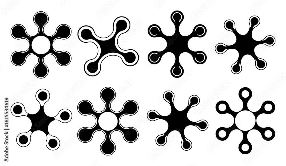 Fototapeta premium Collection of abstract, stylized, star-like, and molecular shapes