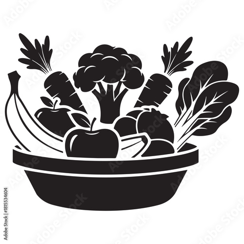Monochrome Silhouette Illustration of Fresh Fruits and Vegetables in a Bowl