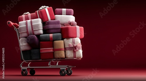 Minimal 3D render of a metal shopping cart filled with colorful wrapped gift boxes, isolated on vibrant red background for holiday shopping themes.