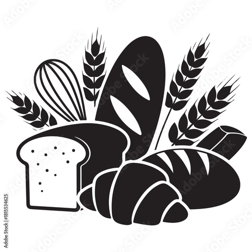 Monochrome Vector Illustration of Bakery Products and Wheat Ears