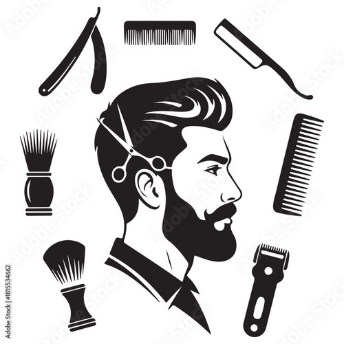 Modern Barbershop Stylized Male Profile with Grooming Tools Vector Illustration
