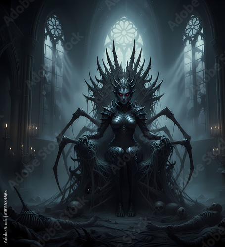 fairy tale castleThe Spider Queen of the Ruined Cathedral A menacing, demonic female figure with glowing red eyes sits on a horrifying throne woven of dark webs and spider legs within a ru