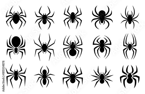 Collection of Black Spider Silhouettes on White Background