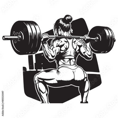 Muscular Female Athlete Squatting Barbell in Monochrome Vector Art
