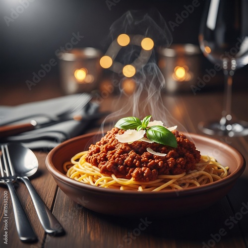 Authentic Steaming Spaghetti Bolognese with Basil and Parmesan.