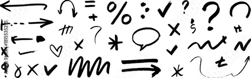 Collection of Hand-Drawn Black Symbols and Arrows on White Background