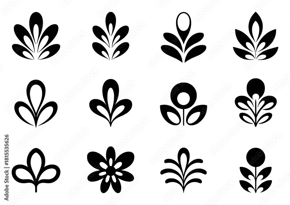 Fototapeta premium Collection of stylized black floral and leaf vector icons on white background