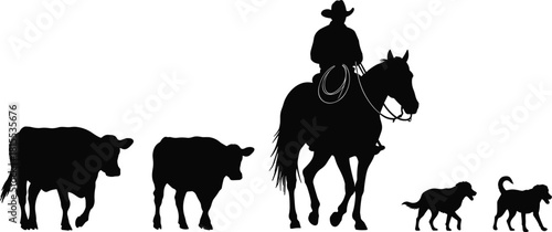 Cowboy herding cattle with dogs, western ranch life silhouette, horse rider, cowboy hat, rural farming, livestock management, countryside lifestyle, agriculture scene