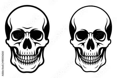 Two Stylized Black and White Skulls Facing Forward with Dark Eye Sockets