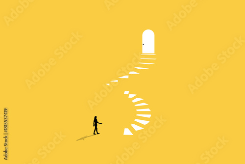 Business career opportunity. business woman walking up. concept of stairs, personal growth, development, success