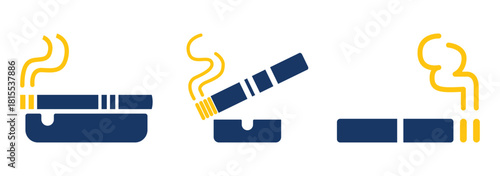 Smoking and cigarette icon set showing burning cigarettes, ashtray symbols, smoke signs and tobacco concepts in modern flat minimalist vector style