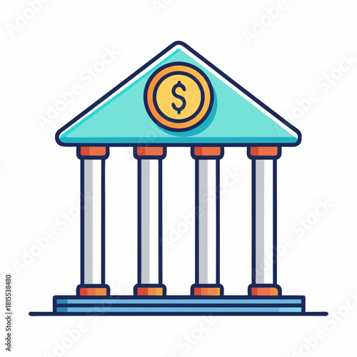 Cartoon bank building icon with coin symbol on the roof