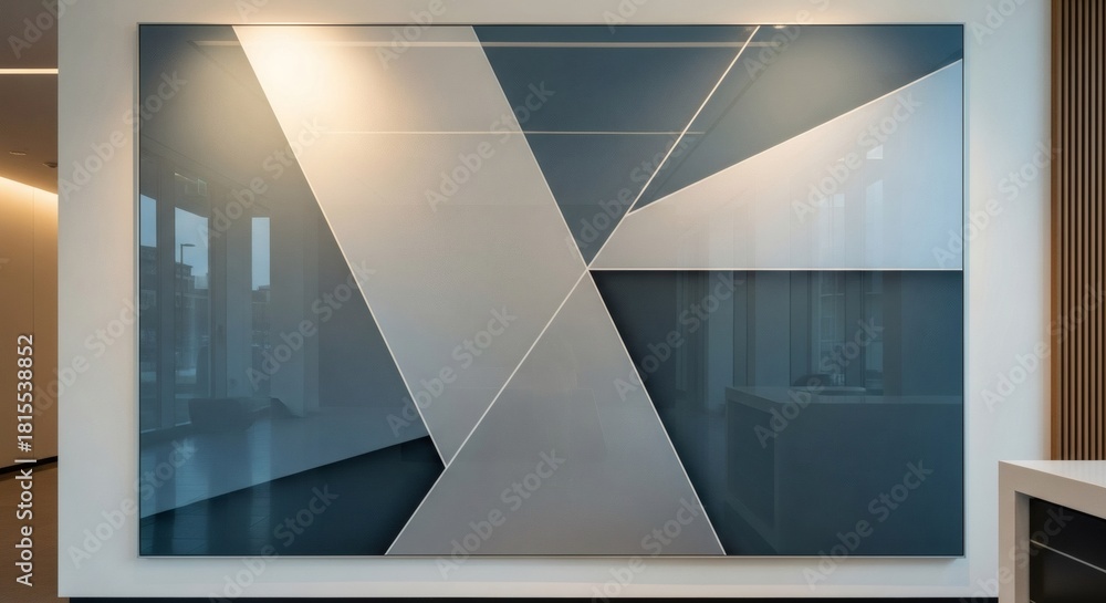 Obraz premium Large modern abstract geometric art piece featuring blue, grey, and white shapes on a wall in an interior setting.